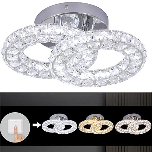 GreeLustr Crystal Chandelier Light Fixture, 3-Color Changeable Crystal Led Ceiling Lights, Rings Flush Mount Stainless Steel Lighting for Bedroom, Stairs, Aisles, Kitchen (2-Ring Style)