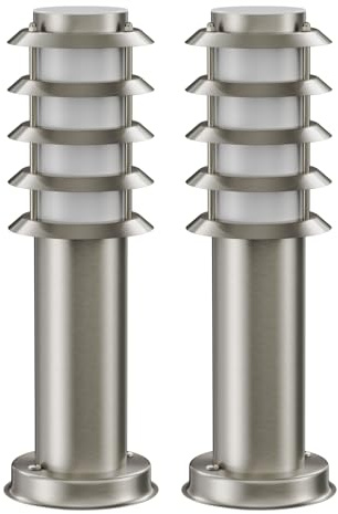 ledscom.de 2 pzas. luz de pilona PORU para exteriores, IP44, rejilla, 39cm, acero inoxidable, incl. lámpara E27 471lm, blanco extra cálido
