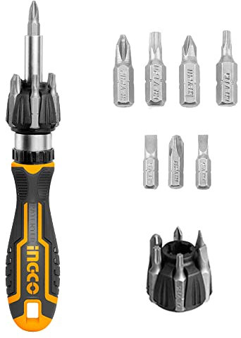 INGCO Destornillador de carraca, Destornillador multipuntas de 7 piezas, Trinquete Juego de destornilladores y puntas(AKISD0808)