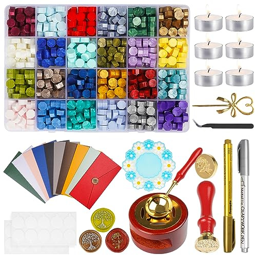 MICTER Sellos Lacre Kit, 600+ Piezas de Cuentas de Sello de Cera de 24 Colores con 10 Accessories, Kit de Sello de Lacre Para Invitaciones de Boda, Decorar Sobres, Cartas, Tarjetas-B