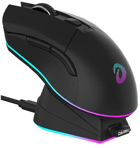 DAREU EM901X Ratón inalámbrico para Gaming con Base de Carga Recargable RGB, 12 000 PPP, 6 Botones programables, Sensor de Alta precisión [300 IPS] [1000 Hz] para PC, portátil y Mac