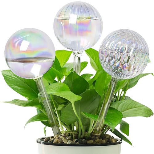 MOANYI Plant Watering Globes Set of 3, Light Iridescent Color Clear Glass Automatic Plant Waterer Bulbs, 6.4oz/190ml Capacity Self Watering Globes Planter Insert Devices