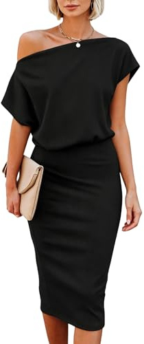 Dressmine Black Prom Dresses for Women Off Shoulder Batwing Short Sleeve Summer Midi Party Wrap Dress Black Size 8