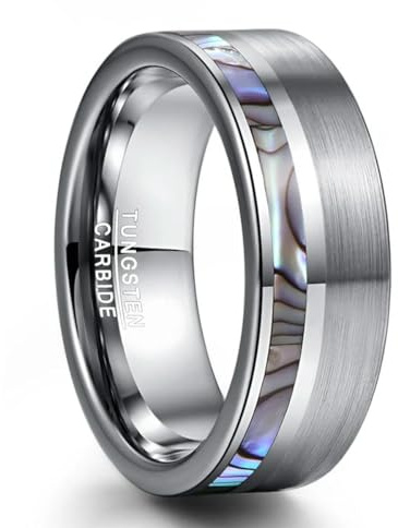 8mm Natual Abalone Shell Volfram Karbid Ring Silver Färg Matt Yta Löfte Smycken Förlovning Män Ringar Anillos