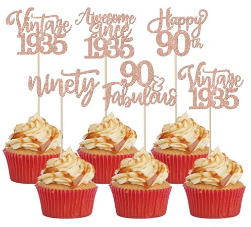 30 Stück Vintage 1935 Tortendeko Glitzer Happy 90th Ninety Awesome Since 1935 Cupcake Toppers 90 Fabulous Kuchen Deko für 90. Geburtstag Hochzeitstag Party Kuchen Dekorationen Rosegold
