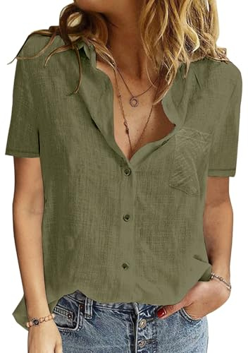 PASUDA Camicia Donna Estiva Camicetta da Donna Manica Corta Cotone Elegante Blusa Maglietta Scollo a V Top con Bottoni Moda Casual T Shirt Tinta Unita Classico Maglia Tees (Verde, M)