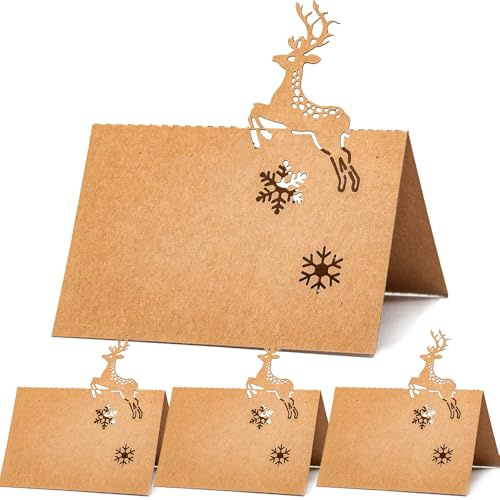 60Pcs Kraft Place Name Card Name Table Dinner Seat Hollow Reindeer Pattern | Number Card Greeting Writable Printable Foldable Wedding Party Birthday Club Canteen Restaurant Easter Christmas Decoration