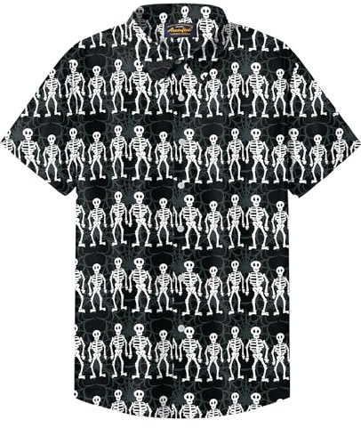 Men Funny Dancing Skeleton Shirt Halloween Short Sleeve Button Shirt Ghost Skull Shirt XXL