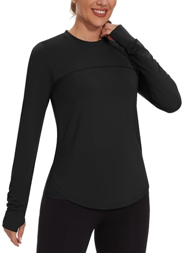 Gyabnw Women Workout Shirts Long Sleeve Activewear Tops UPF 50+ UV Sun Protection Ladies Workout Running Outdoor Gym Hiking Lightweight Shirts with Thumbhole Black