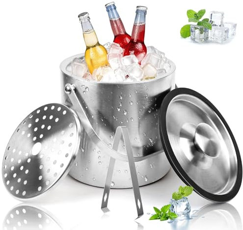 3L Secchiello Ghiaccio in Acciaio Inox, Secchio per Ghiaccio in Acciaio Inossidabile Isolato a Doppia Parete con Pinze e Colino, Secchiello per Ghiaccio Lsolato per Cocktail Bar, Feste