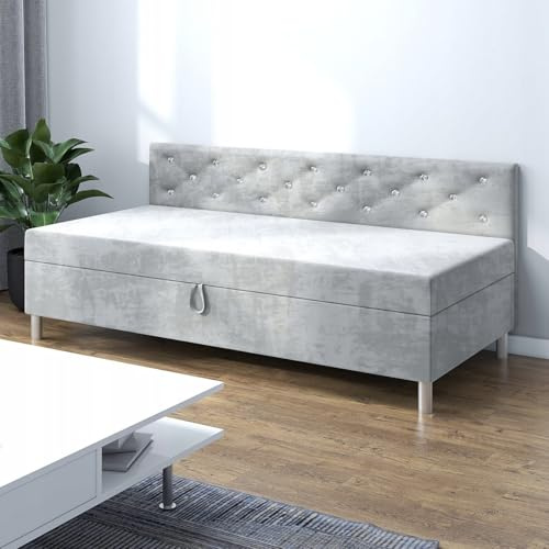 TAPCZANY24 - Boxspringbett Princess+, Bett mit Matratze 105 cm Breite, Polsterbett mit Bettkasten, Taschenfederkernmatratze, Einzel Bed mit Veloursbezug, Komfortabel Bette - Hellgrauer Velours