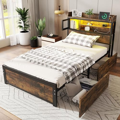 BTM Metal Bed, 3FT-90x190cm Single Bed with 2 Drawers, LED Light Strip and 3 Charge Ports, Black+Wood Color Single Bed with Storage, No Mattress