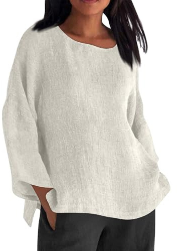 Maglietta da donna estiva in lino, elegante, tinta unita, basic, con scollo rotondo, maniche a 3/4, casual, a tunica, taglie grandi, leggera e traspirante