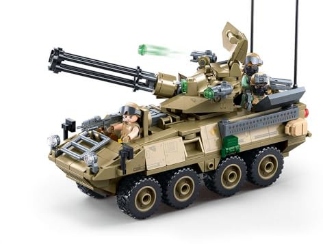 Sluban Jeu de Construction Militaire, Véhicule Blindé avec Canon, 320 Pièces, 18,3 cm, Set avec 3 Figurines, Rouge et Or