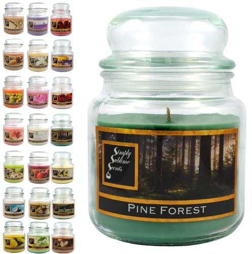 SIMPLY SUBLIME SCENTS - Luxury Scented Candle - Exceptional Fragrance Oil - Medium Glass Jar, Up to 76 Hours - Clever Wax Formula for a Long, Clean & Even Burn - Pine Forest - Cotton Wick