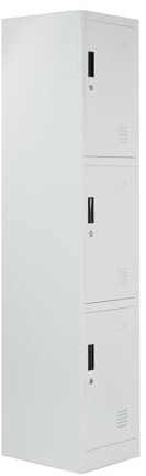 BRINDEK Taquilla Vestuario metálica 3 Puertas Blanca RAL 9016-185x38x45 cm con Cerradura - Incluye Llave | Armario metálico Estrecho para Garaje, Oficina, Gimnasio, Vestuario, Locker Individual