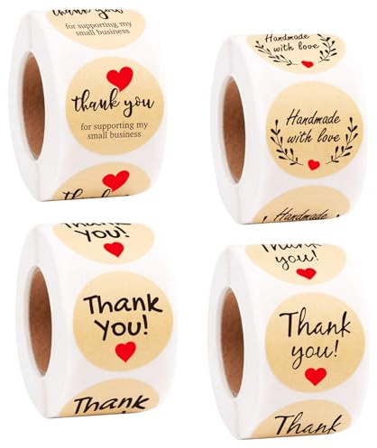 2000 Pegatinas de Agradecimiento, 4 Rollos x 500 Etiquetas Redondas Adhesivas (2,5 cm) en Papel Kraft, Round Stickers Gracias para Regalos, Sobres, Tarjetas, Bodas, Cumpleaños y Negocios