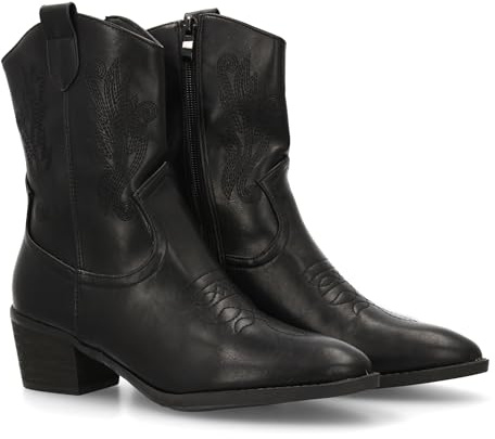 shoes&blues.es 95391 Botin Cowboy con Bordados Laterales y Punta Fina. Tacon Ancho Comodo, Ideal para Mujer en Temporada Otono Invierno. Negro Talla 39