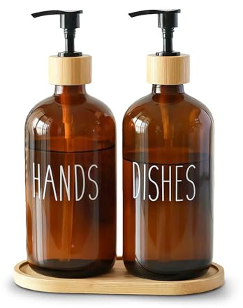 2 Pack 500ml Amber Glass Soap Dispensers with Bamboo Tray - Refillable Hand & Dish Soap Dispenser Set for Kitchen Countertop and Bathroom, Shampoo Lotion Bottles with Pump
