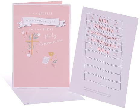 UK Greetings | First Communion Card with Personalisable Recipient Stickers | Congratulations Card | Her/Him | Greeting Card | 13.7 x 21cm