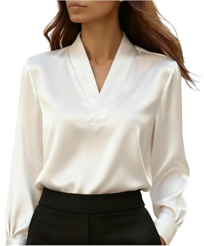 Haut Chic Femme Soirée Élégant Blouse Satinée Femme Col en V Manches Longues Chemisier Satin Doux Top De Bureau Tunique Shirts Chemise Soie pour Fête,Mariage,Cocktail Blanc S