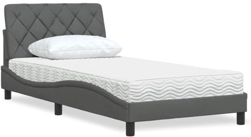 QUAHEAS Piran Letto con materasso, 100 x 200 cm, tessuto grigio scuro, materasso in schiuma confortevole, testiera morbida, rete a doghe, camera da letto moderna