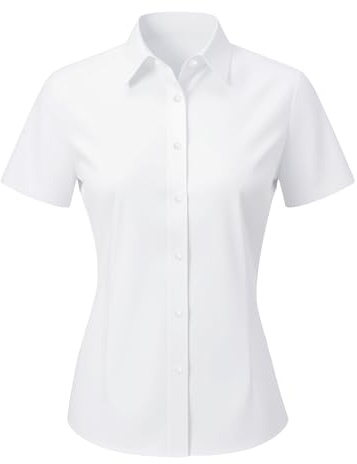 zoogobee Womens Short Sleeve Blouse Dress Cotton Shirts Wrinkle Business Stretch Fitted Formal Button Down Shirts Work Summer Casual Tops (UK, Alpha, L, Regular, Regular, White)