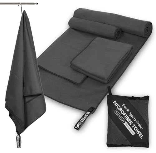 FDKene Lot de 3 Serviettes en Microfibre, Grande 180 x 60 cm et 2 Petites 80 x 40 cm, Séchage Rapide, Serviette de Sport et Voyage, Compacte Légère pour Fitness Piscine Plage Sauna (Gris Foncé)