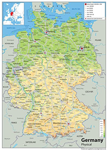 Physische Karte Deutschland - Papier laminiert - A1 Größe 59,4 x 84,1 cm