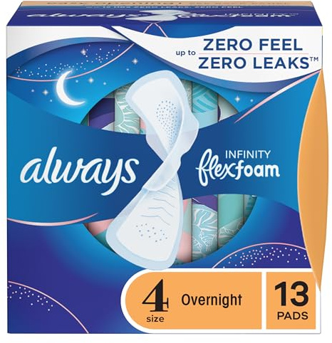 Always Infinity FlexFoam Pads for Women, Size 4, Overnight Absorbency, Odourless, Pack of 13