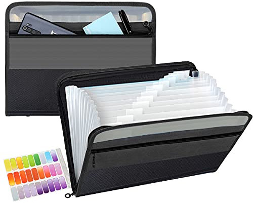 TRANBO 13 Pockets Expanding File Folder with Zipper Closure, A4 Plastic Document Wallet Organizer with Handy Front Pocket for Personal Office Stationary Storage(Black)