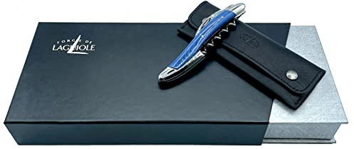 Forge de Laguiole - Cuchillo de camarero (acero inoxidable, funda de piel y gamuza limpiadora), color azul