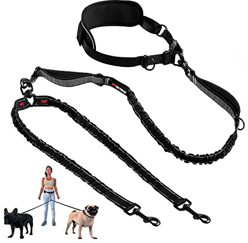 Tuff Pupper Heavy Duty Hands Free Dog Leash | Two Small/Medium Dogs Up to 90 lbs | Comfortable Shock Absorbing Bungee | Reflective Padded Handles | Lumbar Waist Belt 26-38 | Jogging Running Leash
