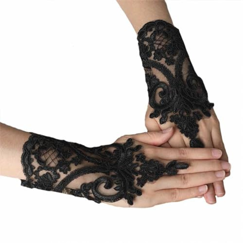 ZKSXOA Guantes de Boda de Encaje de Marfil de Estilo Retro Flor Novia Nupcial Rhinestone Guantes sin Dedos Sexy Boda, Halloween, Navidad, Bodas