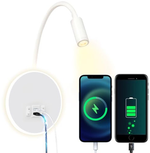 uksunvi LED-Wandleuchte Nachttisch-Lesewandleuchte 12W LED Wand-Leselampen verstellbarer Strahler 3W +9W 3000K Warmes Licht (USB Aufladen weiß)