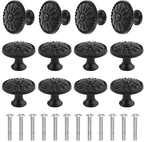 SERKABO 12 Stück Schrankgriffe Schrankknöpfe Vintage Möbelknopf Schwarz Runder Schubladen Knöpfe 30MM mit Schrauben