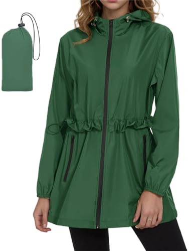 SotRong Lätt vattentät jacka för kvinnor Tunn sommarjacka Packbar regnrock med huva Trenchcoat för utomhusbruk, vandring, promenader, camping Jacka S-2XL, Mörkgrön, L