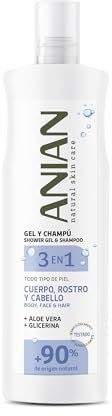 ANIAN - Gel y Champú 3 en 1, 250 ml, con Aloe Vera y Glicerina, Limpia el Cabello, Rostro y Cuerpo, Hidrata y Calma, Todo Tipo de Piel y Cabello, +90% Ingredientes de Origen Natural, Apto para Veganos