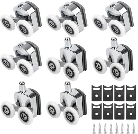 Shower Door Wheels, 8 Pcs Curved Shower Door Rollers, 23mm Replacement Shower Door Wheels with Anti-Collision Block and Screws, Shower Door Rollers Runners for Bathroom Glass Doors