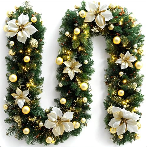 Ghirlanda Natalizia,9 FT/2.7M Ghirlanda Decorata per Porta Scale Camino Esterno Decorazioni,Festone Natalizio Rami Natalizi Decorazioni Natalizie per la Casa Interno , (Gold)