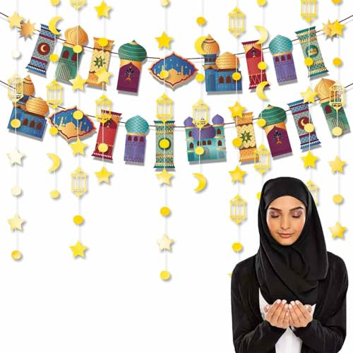 Banner Eid Mubarak con luna stella stringa di carta,Decorazioni Ramadan per la Casa - Set di Decorazioni Festive Stelle Filanti e Stelle Filanti Spray per la Celebrazione della Quaresima
