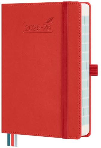 BEZEND 16-Monate Kalender 2025 2026 (Sep 25-Dez 26), Tagesplaner 1 Tag 1 Seite mit Zeitleiste, 30 Minuten Takt Tageskalender din B6 12 x 17 cm, Terminplaner 25/26 mit PU-Leder Hardcover, Rot