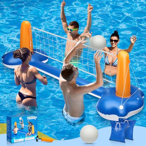 KIDDITOY 118 tum pool volleyboll set – uppblåsbar volleybollbana med 2 viktväskor, uppgraderad PVC-boll och pump – roliga poolspel för vuxna och familj | sommarfestpresent för alla åldrar