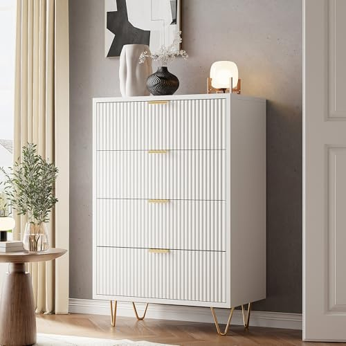 FOERPL Comò Bianca con 4 cassetti, Cassettiera Scandinavo Moderno con Gambe e Maniglie in Metallo Oro, per Camera da Letto, Soggiorno, 60x34x90cm