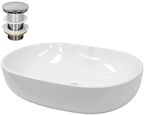 LuxeBath Waschbecken Keramik 600x420x145 mm oval Weiß mit Ablaufgarnitur Silber, Aufsatzwaschbecken für Badezimmer/Gäste-WC, Modernes Aufsatzbecken, Waschtisch Waschschale Waschplatz Handwaschbecken