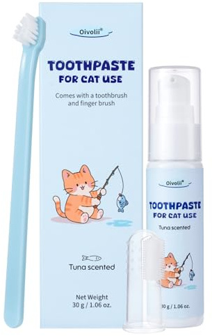 Oivolii Zahnpasta Katze mit Thunfischgeschmack (30g) und 2 Zahnbürsten | Katzen Zahnpflege Set | Sanfte Formel, frischer Atem und gut für die Zähne
