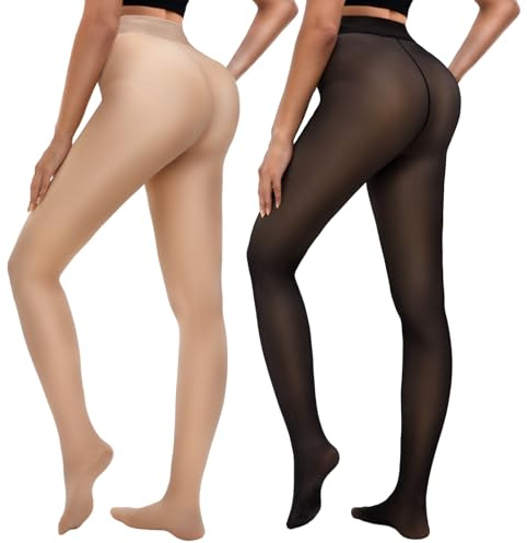 Bebila 2 Pairs Fleece Lined Tights Women Thermal Leggings Sheer Pantyhose Fake Translucent Warm Winter Tight (US, Alpha, Large, Regular, Regular, Skin+Black translucent)