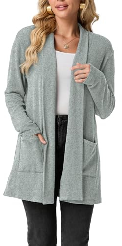 GRECERELLE Womens Long Cardigans Open Front Lightweight Elegant Casual Cardigan Ladies Shawl Neck Jumpers for Women UK with Pockets, Fall, Winter, Spring (Dusty Blue, XL)