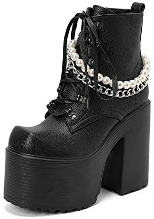 Donna Platform Stivaletti Anfibi Tacco Largo Alto con Lacci Punk Gotici Stivali da Combattimento Invernali con Perle Catena,Nero,35 EU