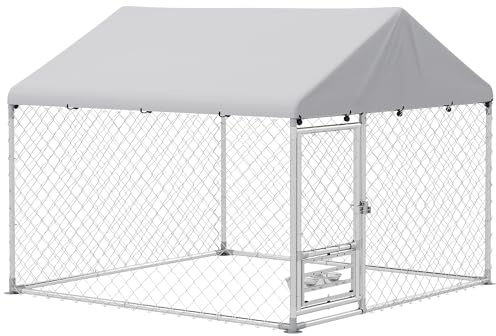 PawHut Perrera de Exterior con Techo Impermeable 2x2x1,55 m Jaula para Perros de Acero Galvanizado Soporte Ajustable y Giratorio para Comida 2 Cuencos para Perros Medianos y Pequeños